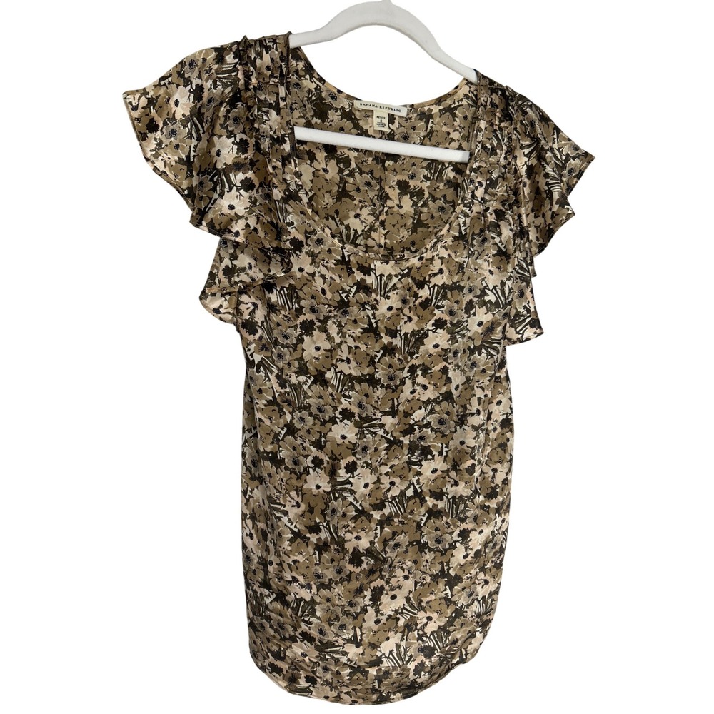 Banana Republic 100% Silk Brown Floral  Flutter Sleeve‎ Blouse Size Petite Small